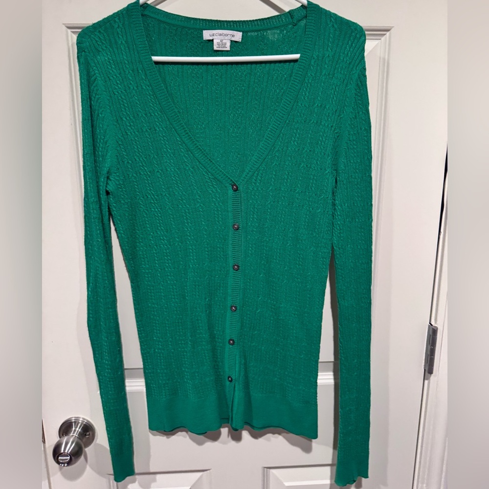 Liz Claiborne Green V-Neck Cable Knit Cardigan Sweater